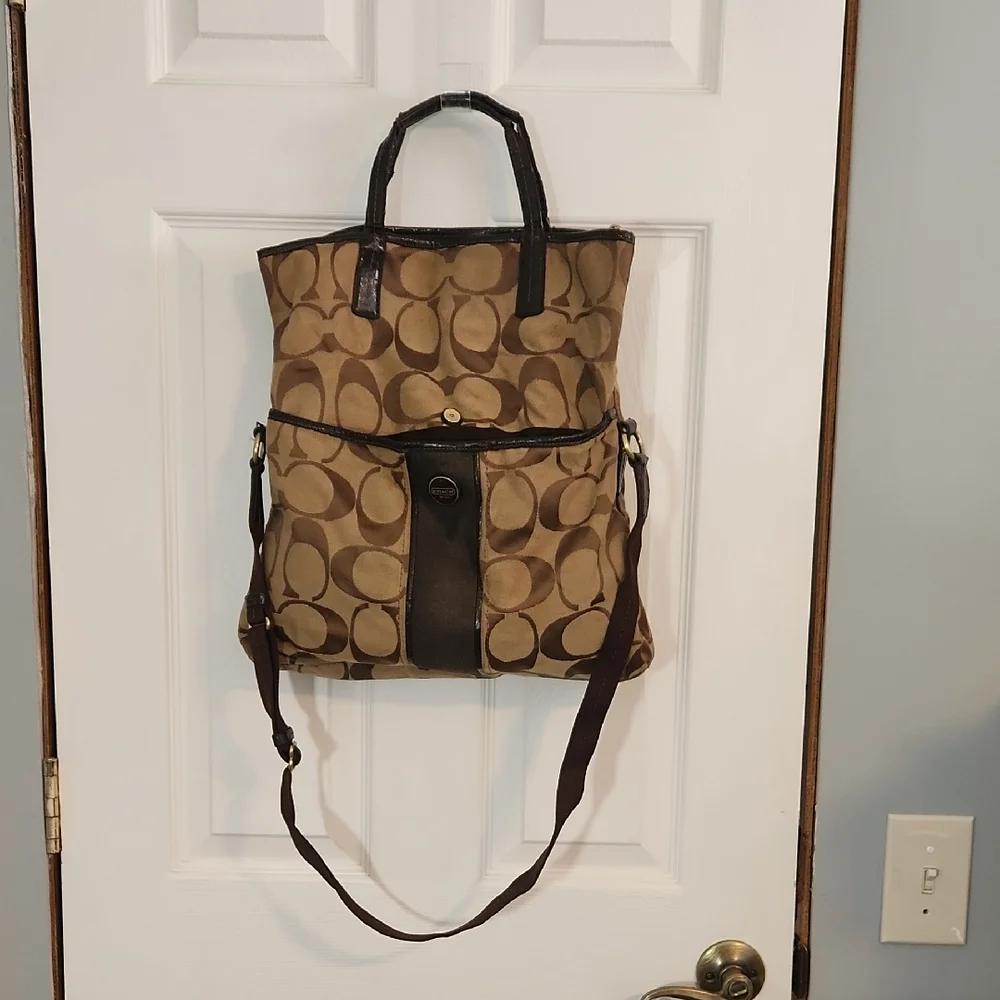 Coach Tan Signature Fold Over Tote - Picture 1 of 12